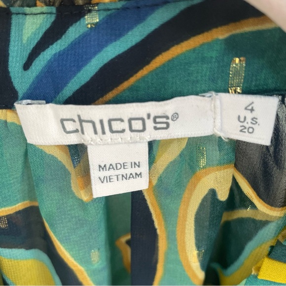 Chico’s Blue Gold Green Chiffon Metallic Swirl Ruffle Sleeve Button Up Blouse - Picture 4 of 14